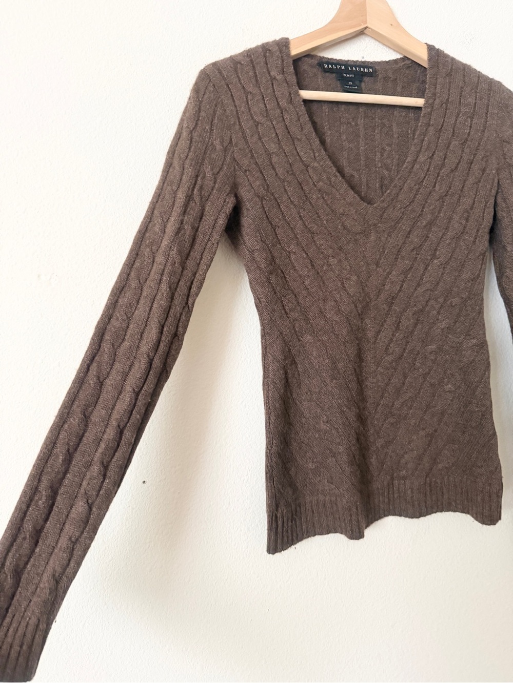 Ralph Lauren Black Label XS 100% cashmere brown cable knit slim fit knit sweater - Picture 2 of 7
